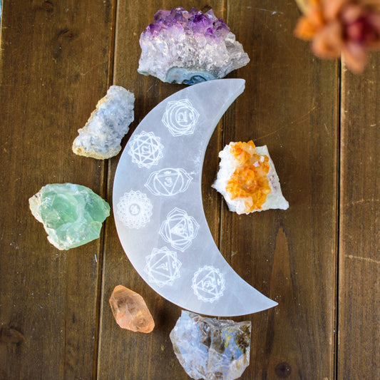 Chakra Engraved Crescent Moon Selenite Plate