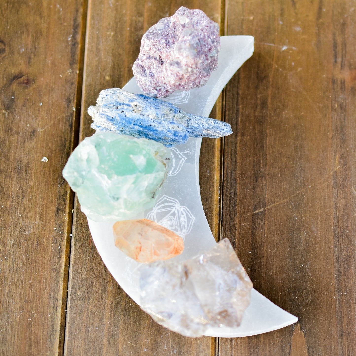 Chakra Engraved Crescent Moon Selenite Plate