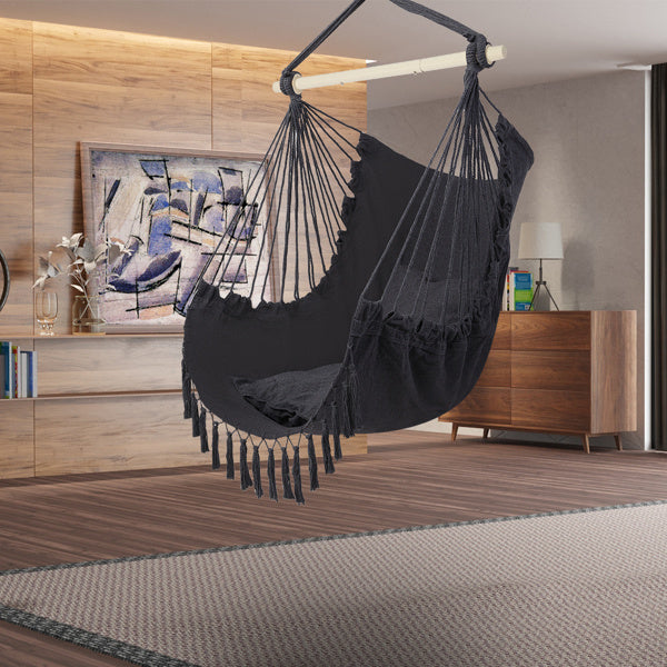 Boho Hanging Hammock Chair with Fringe & Cushions