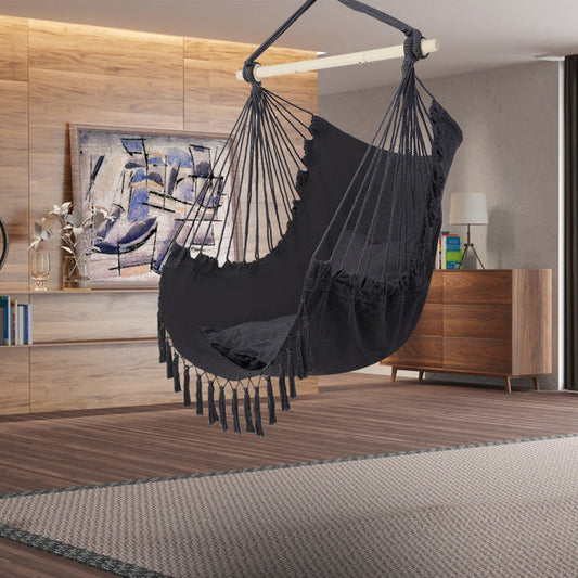 Boho Hanging Hammock Chair with Fringe & Cushions