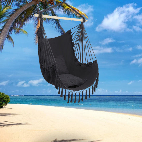 Boho Hanging Hammock Chair with Fringe & Cushions