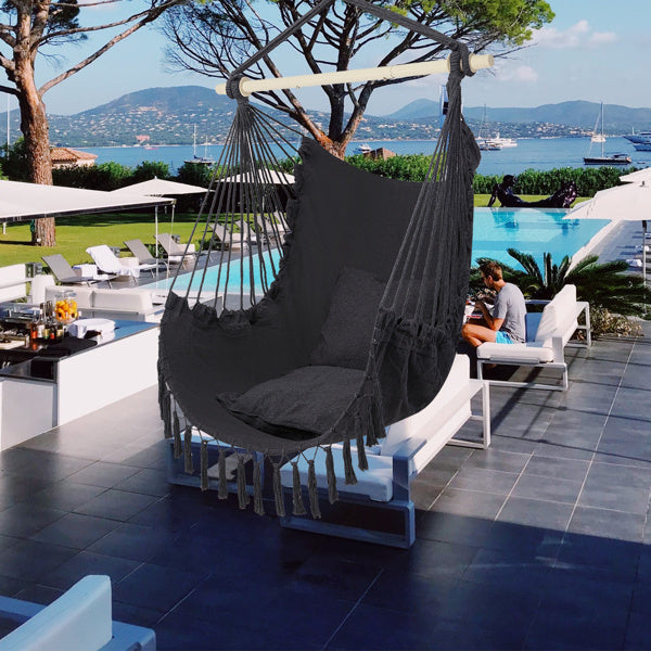 Boho Hanging Hammock Chair with Fringe & Cushions